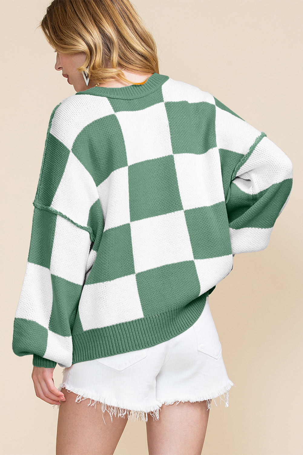 Orange Checkered Bishop Sleeve Sweater for Women