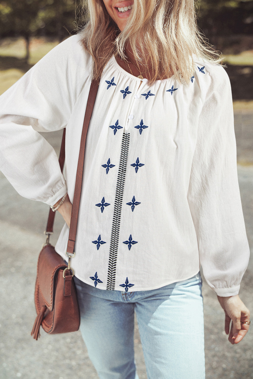 White Geometric Embroidered Long Sleeve Buttoned Women’s Casual Top