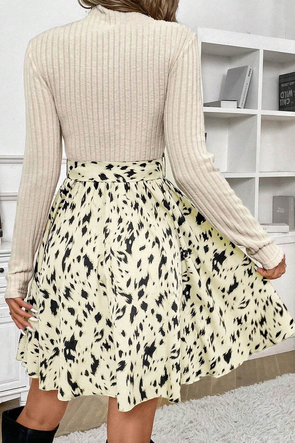 Beige Ribbed Knit Patchwork Printed Belted A Line Women’s Dress