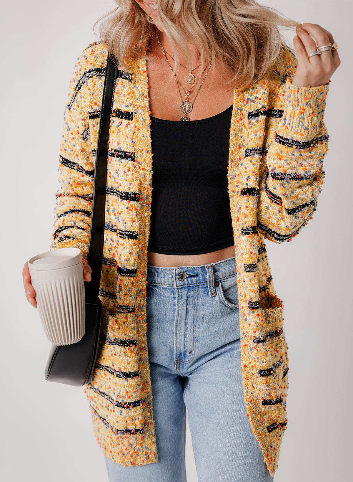 Beige Striped Pom Pom Knit Cardigan Open Front Long Sleeve Casual Sweater