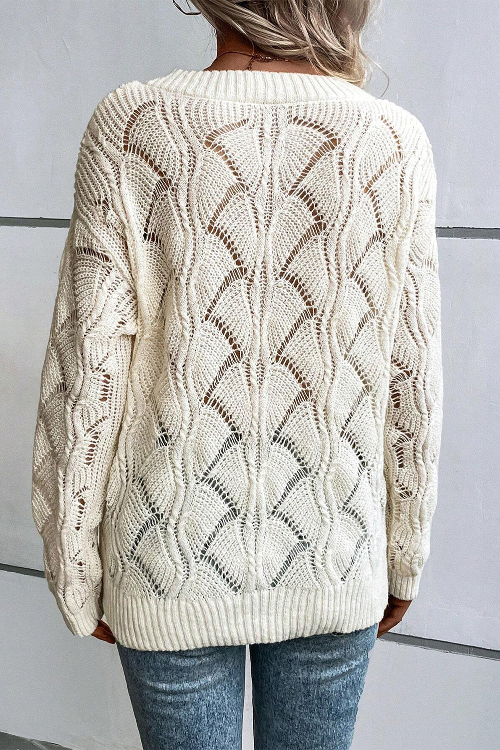Mint Green Hollow Out Knit V Neck Drop Shoulder Women’s Sweater