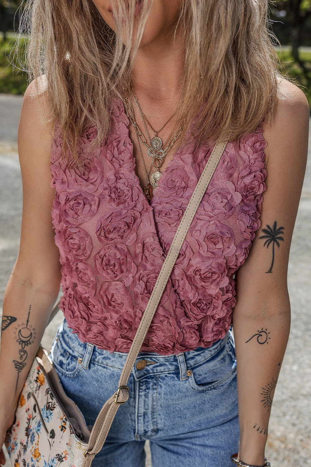 Heather Floral Textured V Neck Wrapped Sleeveless Women’s Bodysuit