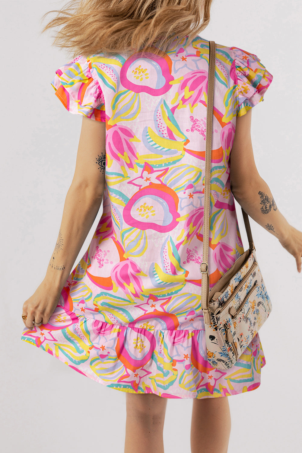 Women’s Pink Abstract Floral Dress with Ruffle Trim Flutter Sleeves and Buttons