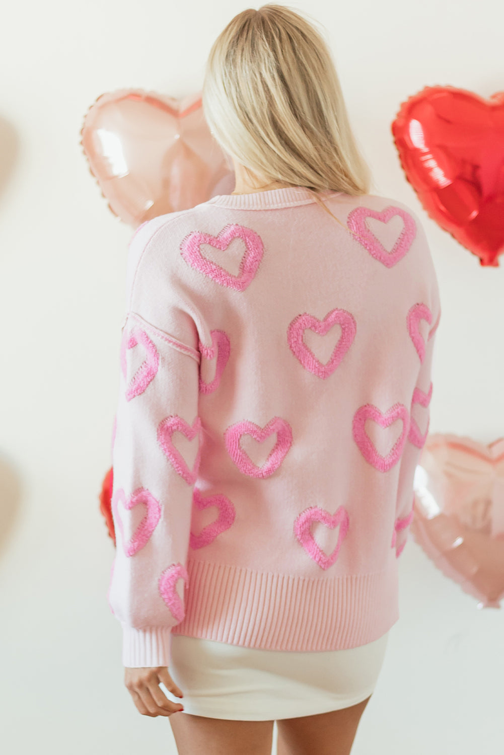 Pink Heart Shape Baggy Sweater Bubble Sleeve Cute Casual Knit Sweater