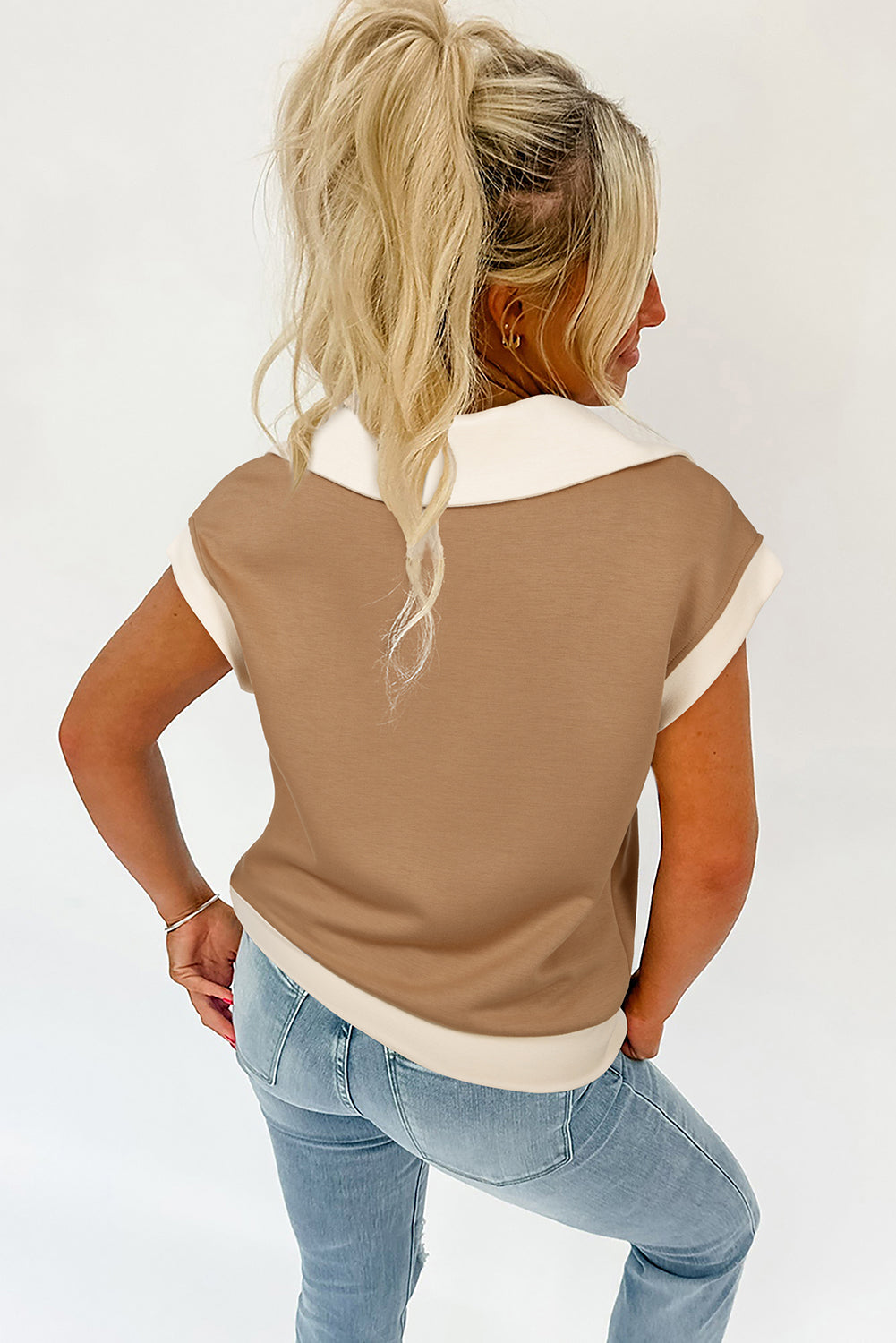 Simply Taupe Half Zipper Collared Colourblock Short Sleeve Women’s Top