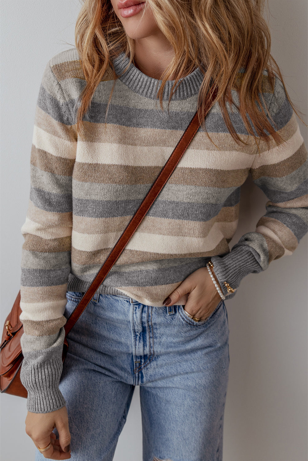 Gray Stripe Colour Block Ribbed Edge Round Neck Women’s Sweater