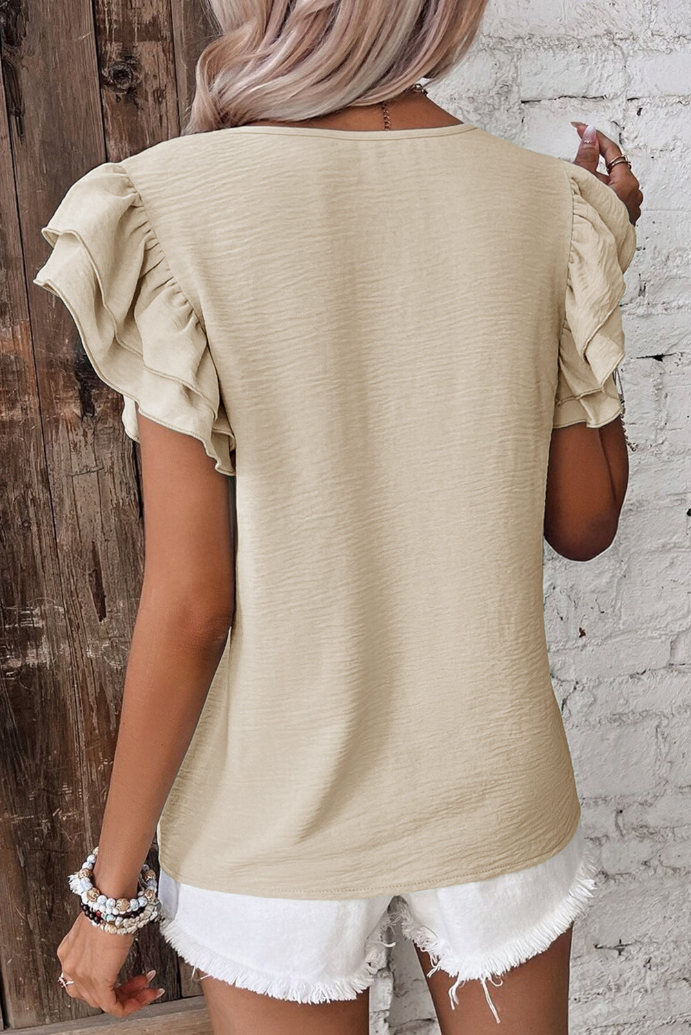 Women’s Mist Blue Solid Colour Ruffled Short Sleeve Casual Blouse Top