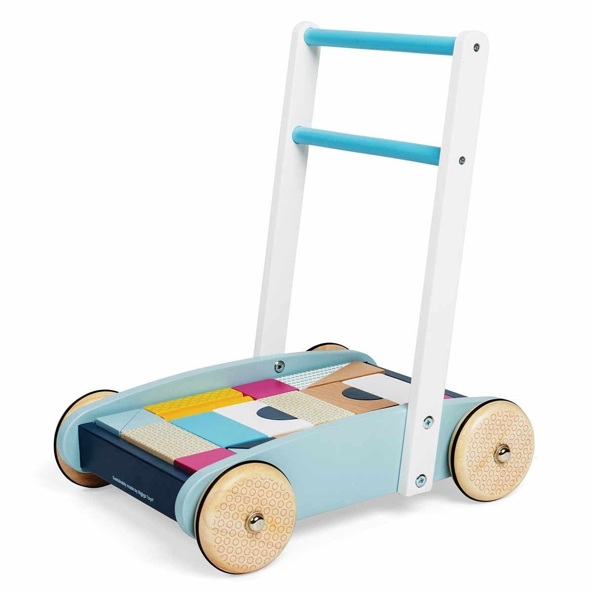 Bigjigs Toys Wooden Baby Walker Push Toy with Building Bricks for Learning