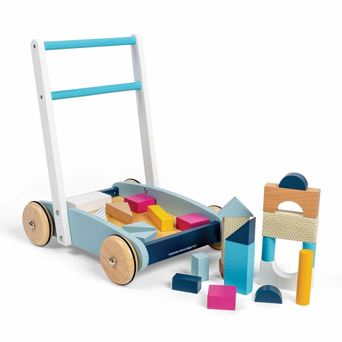 Bigjigs Toys Wooden Baby Walker Push Toy with Building Bricks for Learning
