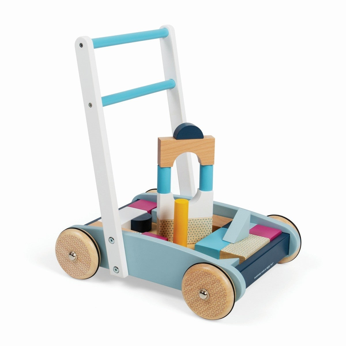 Bigjigs Toys Wooden Baby Walker Push Toy with Building Bricks for Learning