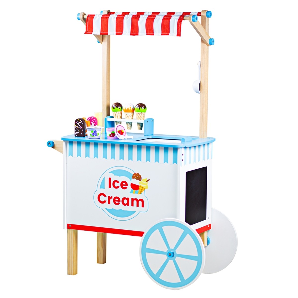 Bigjigs Toys Wooden Ice Cream Cart Pretend Play  with 17 Play Pieces