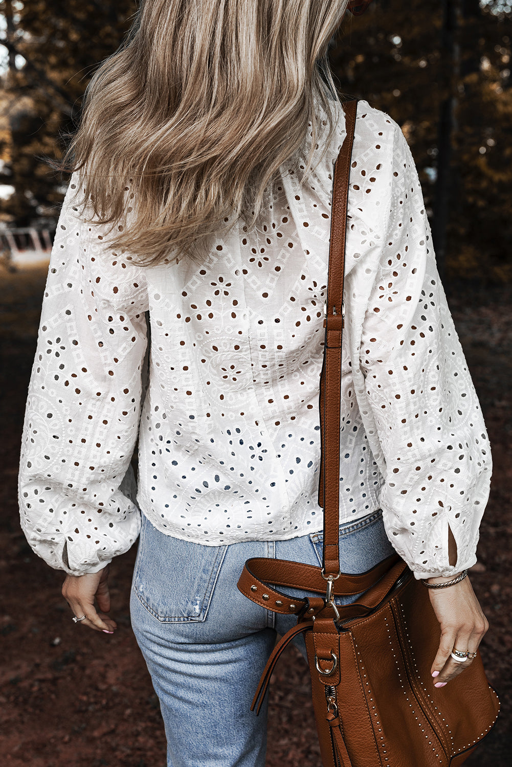 White Eyelet Embroidered Puff Sleeve V Neck Women’s Top