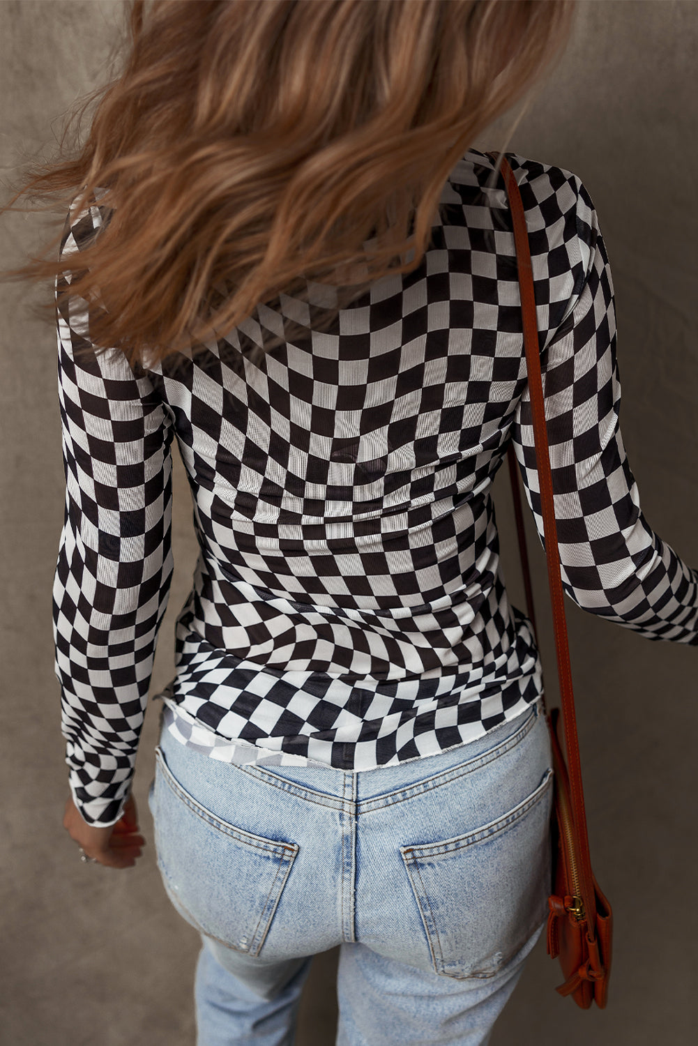 Women’s Black Checkered Mesh Top with Mock Neck and Long Sleeves for Stylish Look