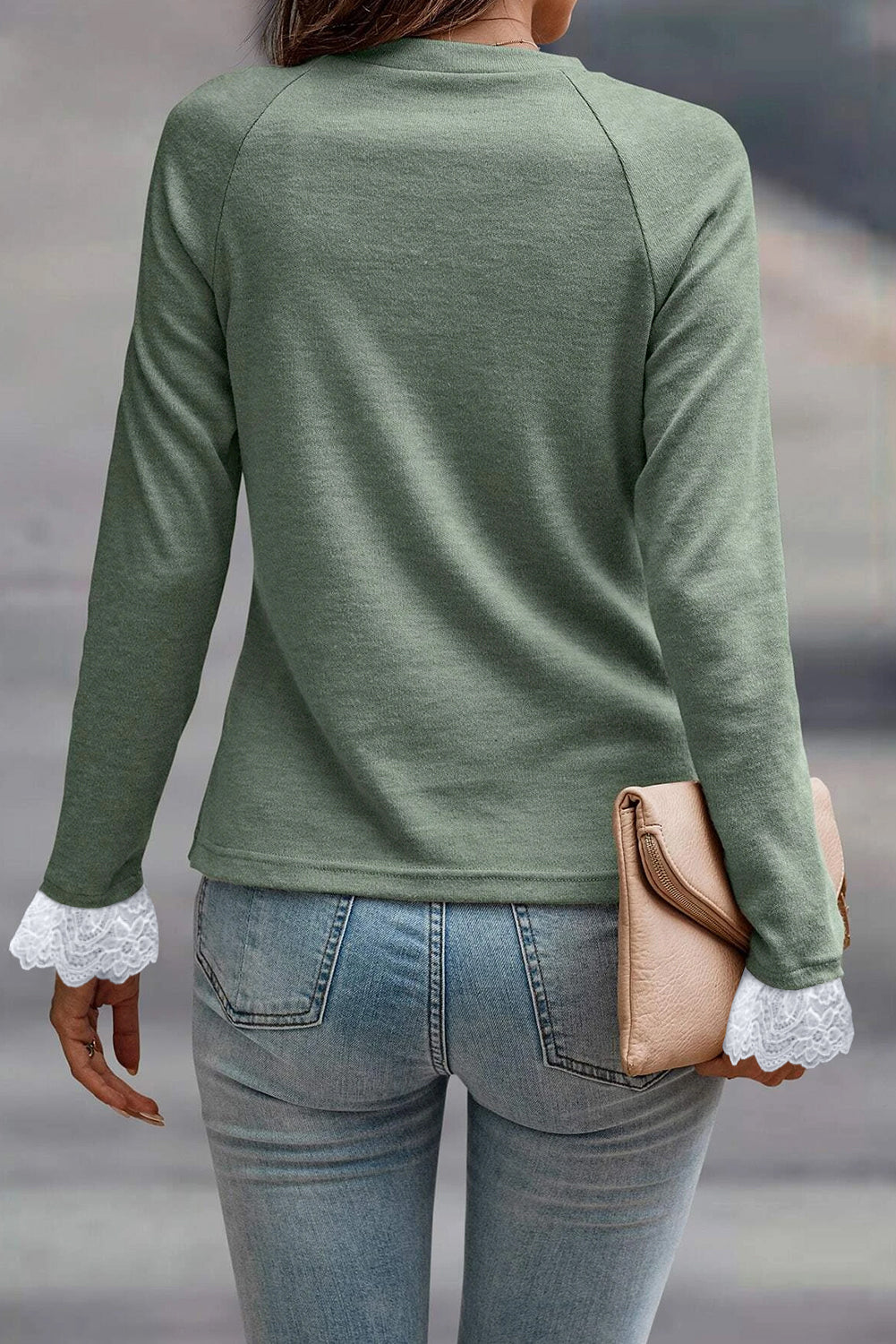Grass Green Top Seam Detail Raglan Sleeve Lace Contrast Cuffs Casual
