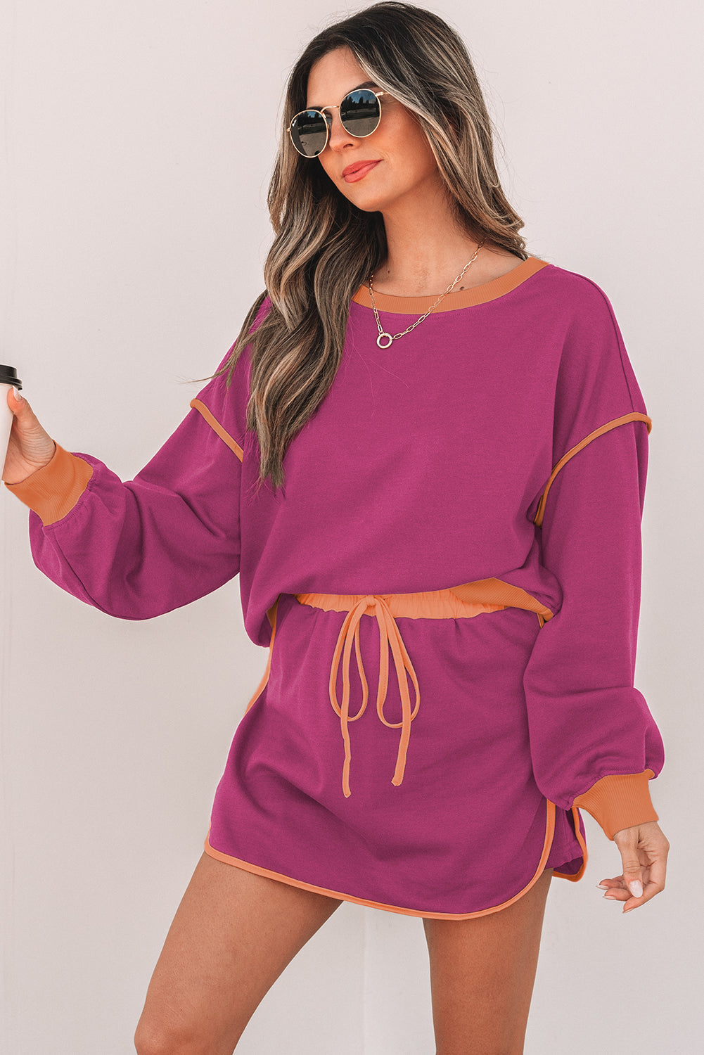 Women’s Evergreen Colour Contrast Loose Pullover with Lace-Up Waist Skort Set