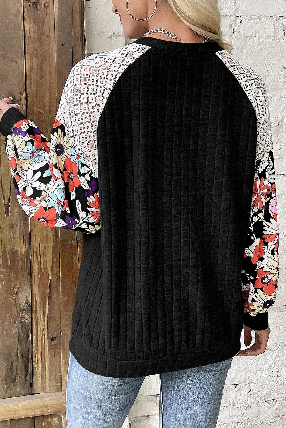 Women’s Laurel Green Floral Patchwork Ribbed Blouse with Long Sleeves