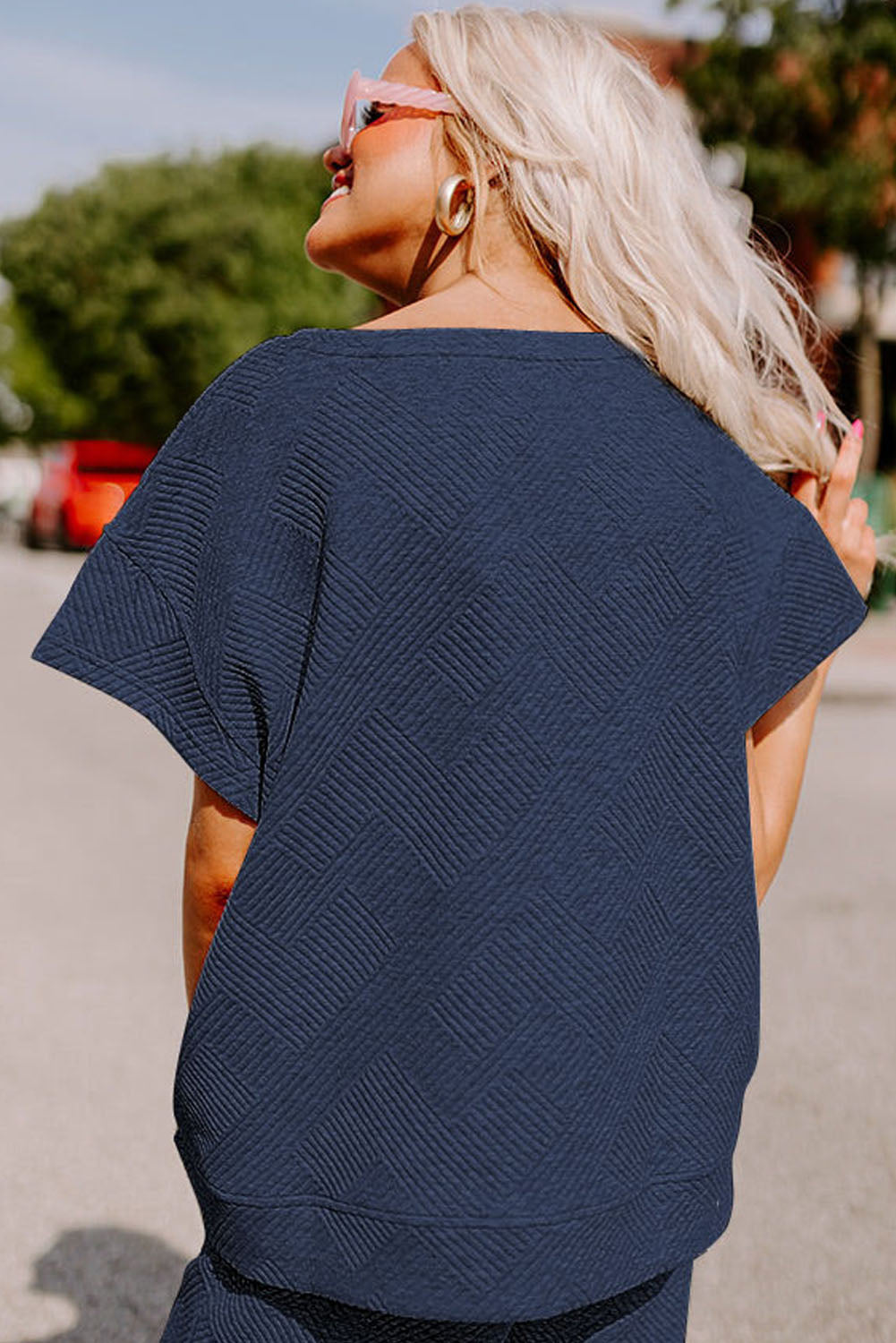 Women’s Gray Textured Loose Fit T Shirt and Drawstring Pants Set