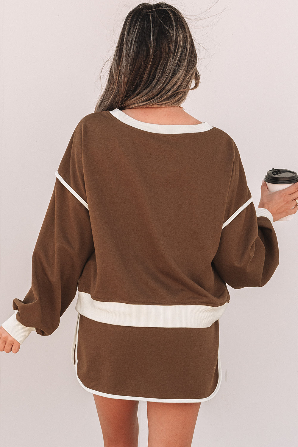 Women’s Evergreen Colour Contrast Loose Pullover with Lace-Up Waist Skort Set