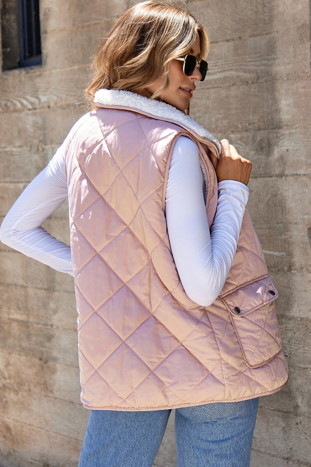 Pink Fleece Lined Quilted Vest Coat Women’s Winter Warm Outerwear