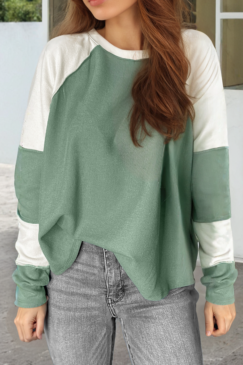 Mint Green Ribbed Colourblock Patchwork Raglan Long Sleeve Women’s Top