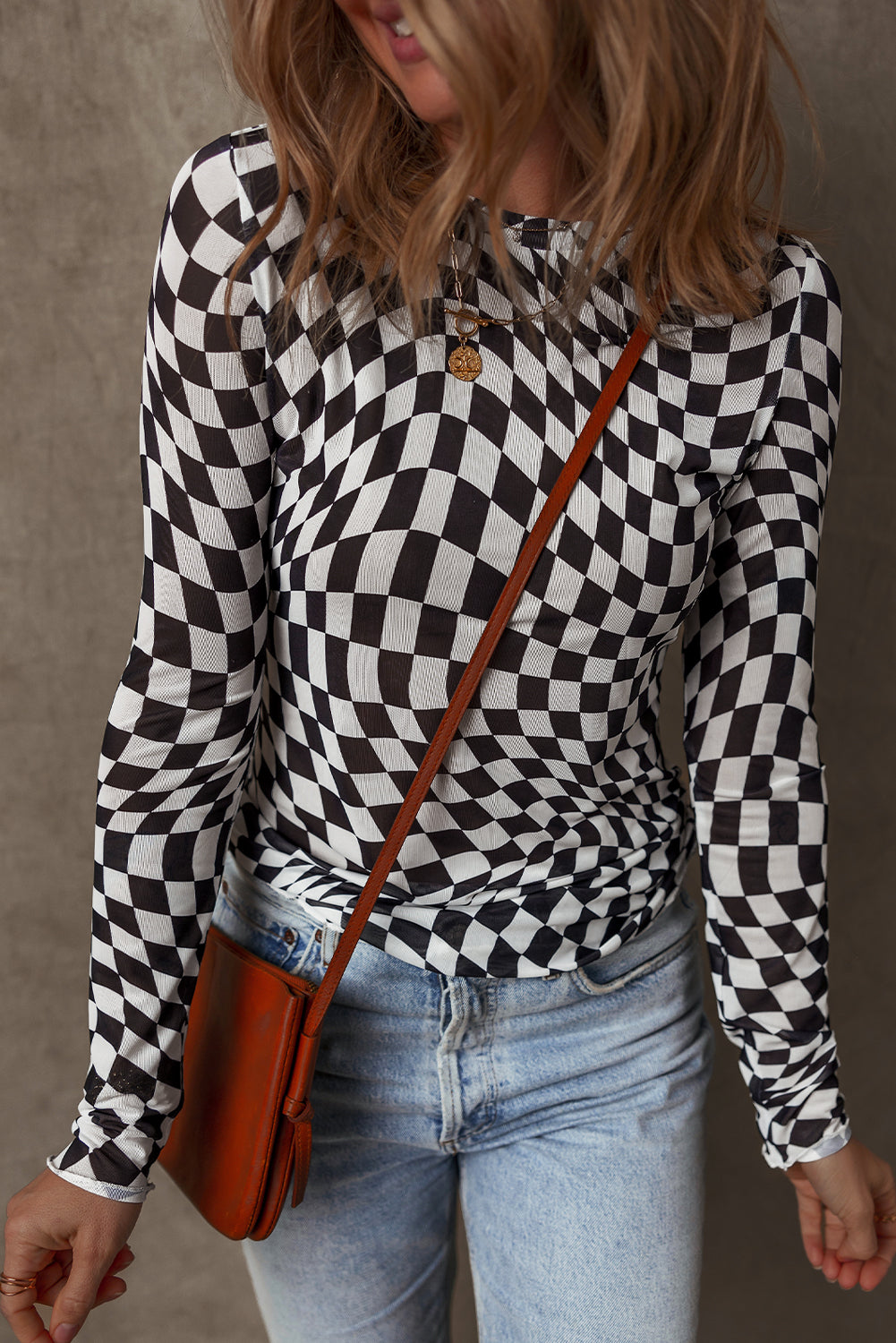 Women’s Black Checkered Mesh Top with Mock Neck and Long Sleeves for Stylish Look