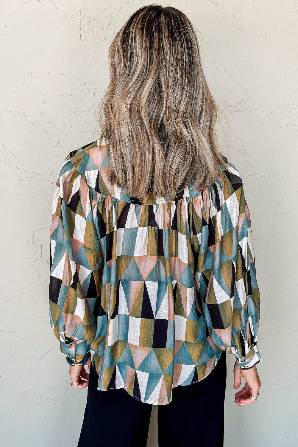 Green Geometric Print Shirt Buttoned Loose Fit Top with Balloon Sleeves