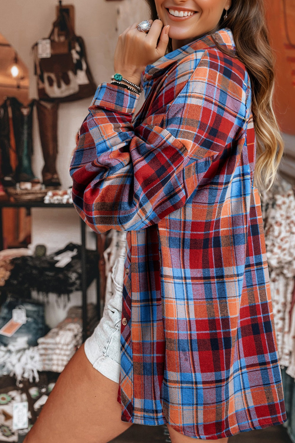 Women’s Orange Plaid Print Loose Vintage Shirt