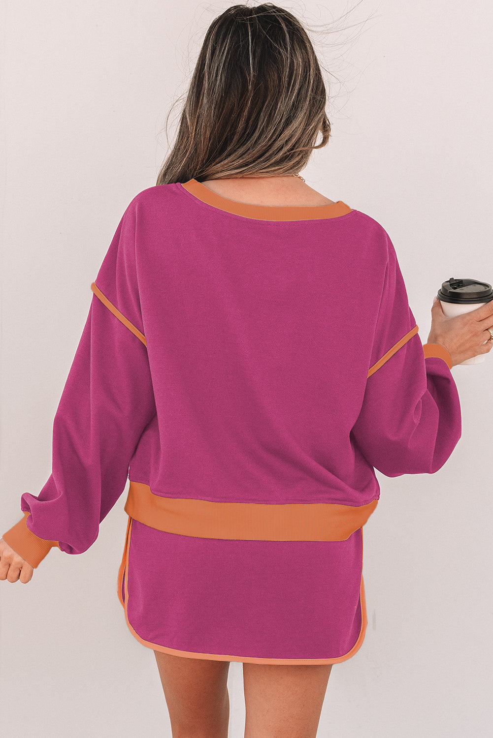 Women’s Evergreen Colour Contrast Loose Pullover with Lace-Up Waist Skort Set