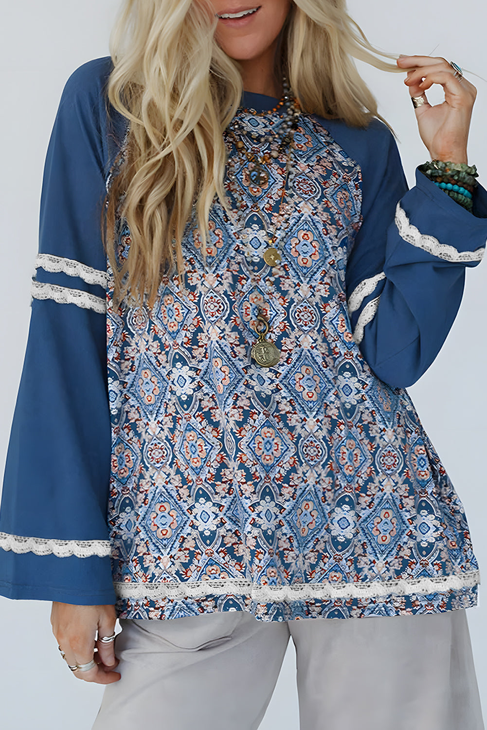 Blue Geometric Print Lace Patchwork Ric Rac Raglan Long Sleeve Women Top