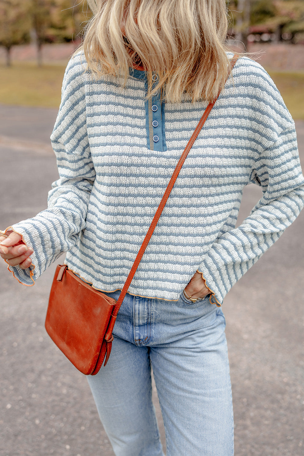 Brown Stripe Henley Long Sleeve Top with Textured Frilly Trim Buttons