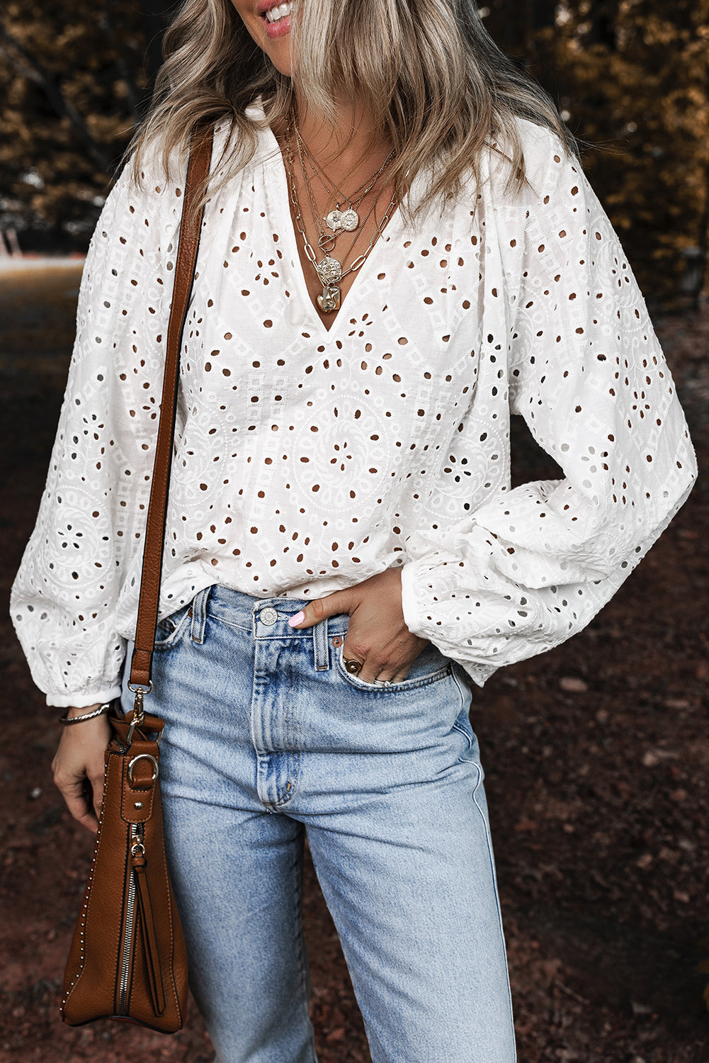 White Eyelet Embroidered Puff Sleeve V Neck Women’s Top