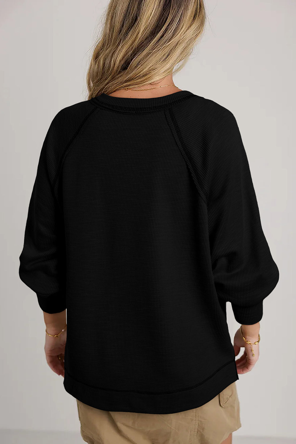 Beige Exposed Seam Textured Knit V Neck Pullover Women’s Casual Wear