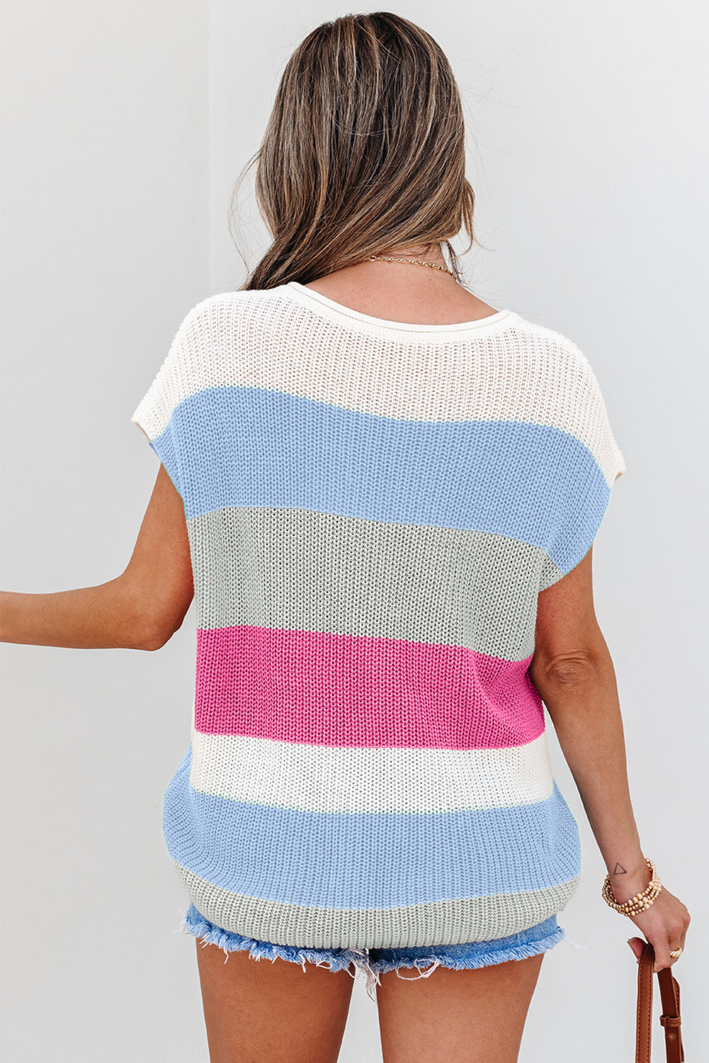Light Blue Colour Block Notch V Neck Sweater T Shirt