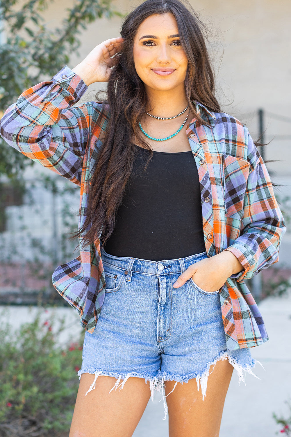 Women’s Orange Plaid Print Loose Vintage Shirt