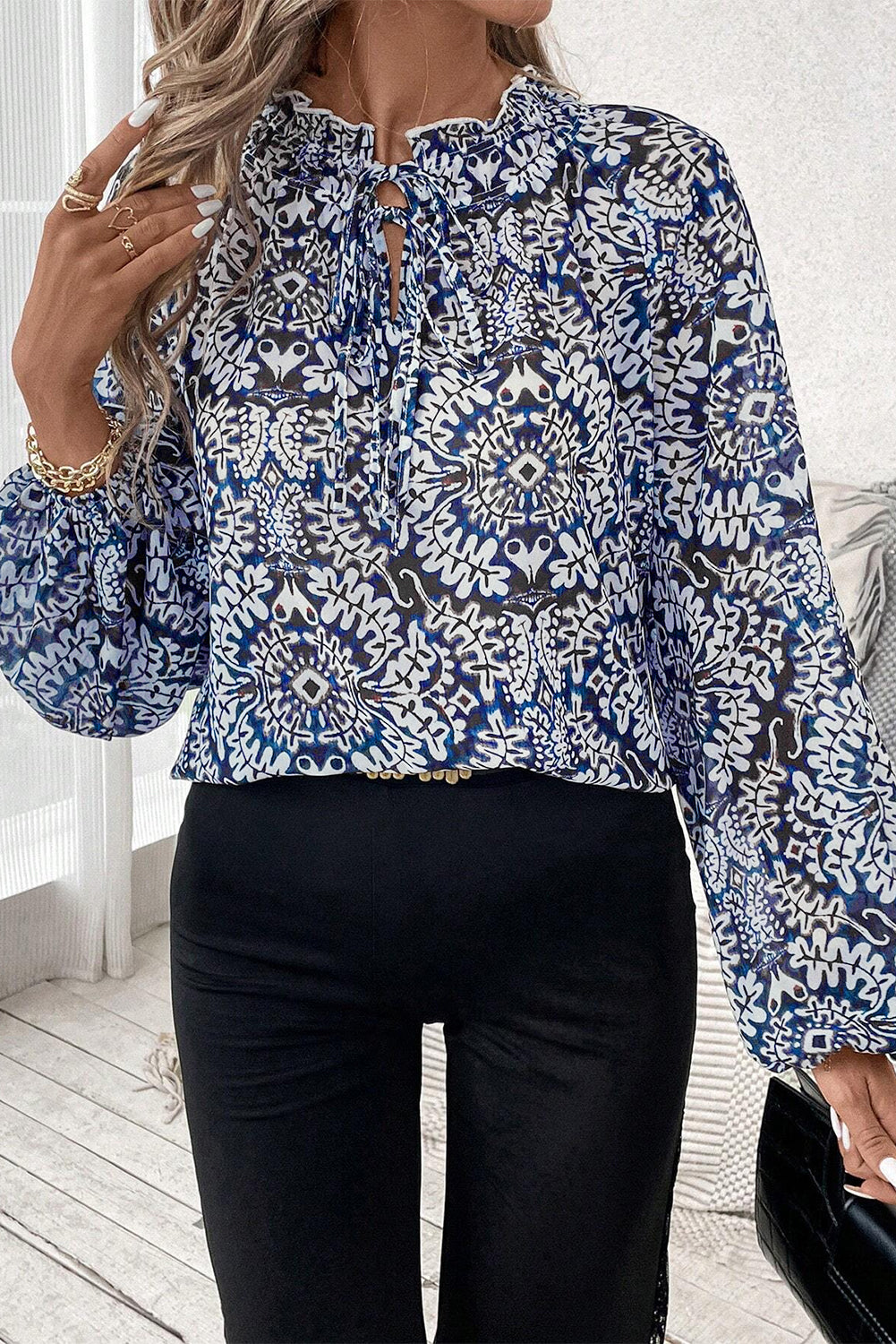 Blue Tribal Print Lace Up Frilled Neck Puff Sleeve Women’s Top