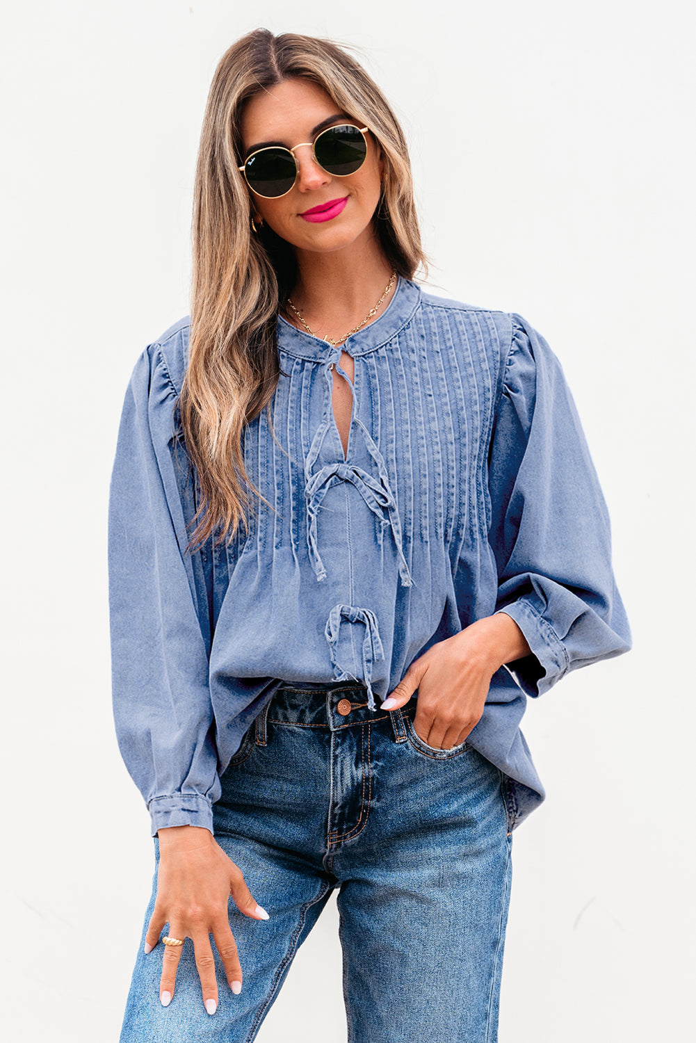 Women’s Myosotis Denim Front Pintuck Bow Tie Puff Sleeve Top