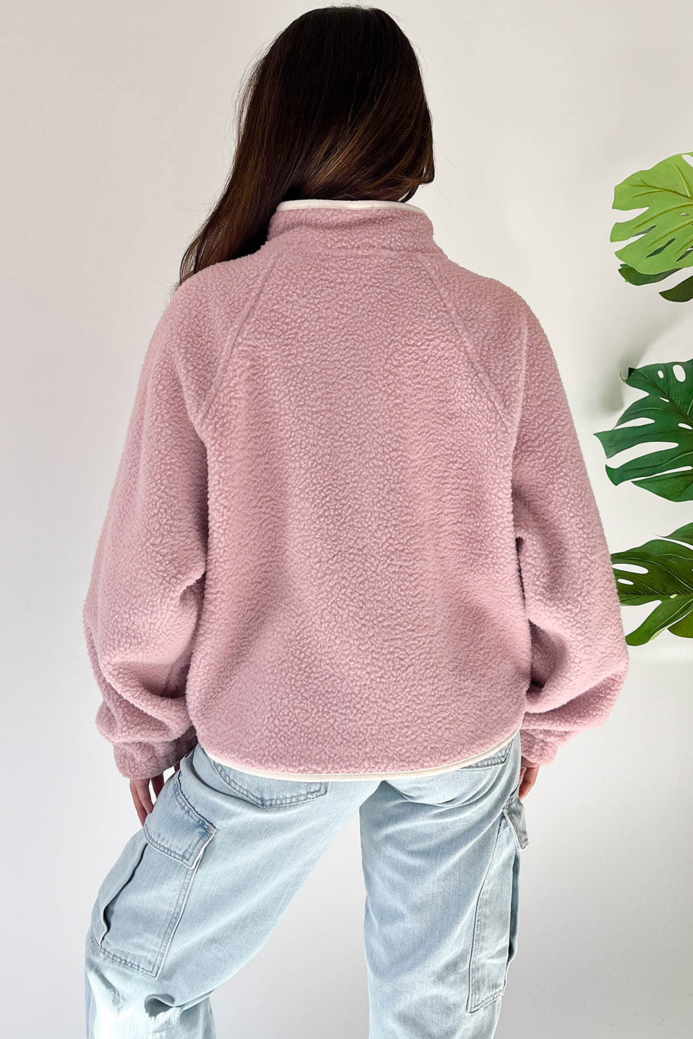 Fuchsia Plush Sweatshirt Stand Neck Half Button Zip with Pocket Casual Sweatshirt