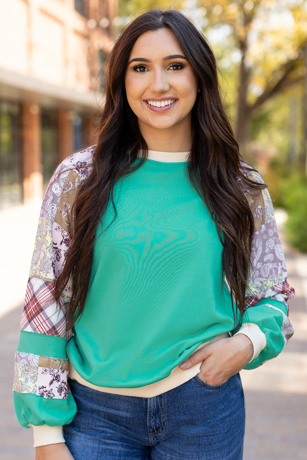 Women’s Aruba Blue Plaid Vintage Paisley Patchwork Long Sleeve Raglan Top