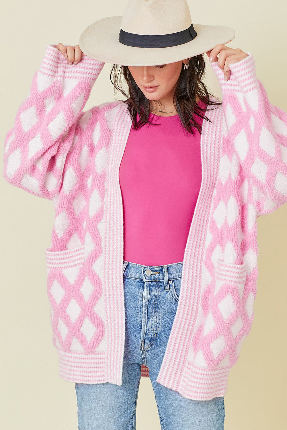 Pink Rhombus Pattern Knit Cardigan Open Front Pocketed Long Sleeve Sweater