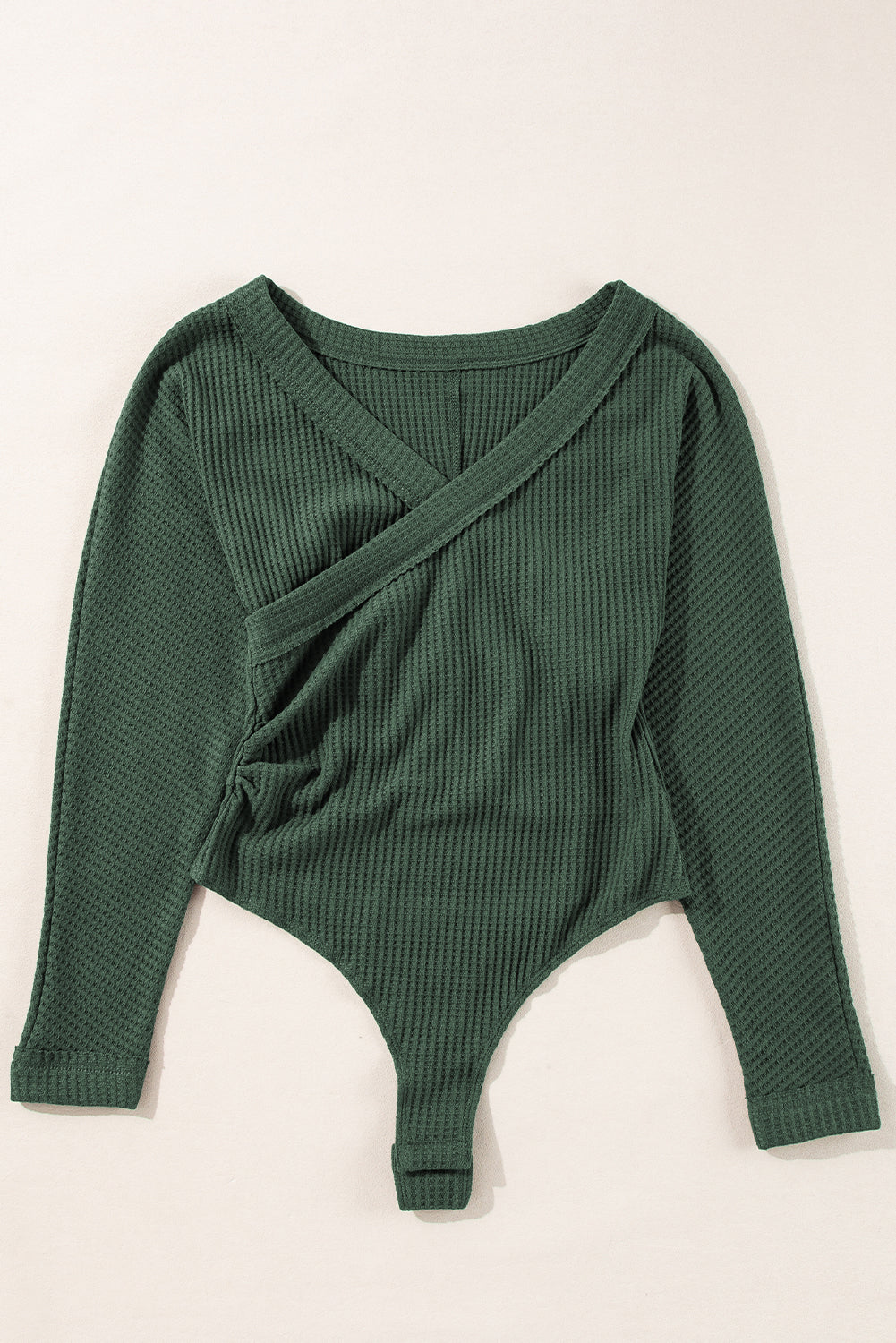 Blackish Green Waffle Knit Slim Fit Wrap V Neck Bodysuit Women’s Fashion
