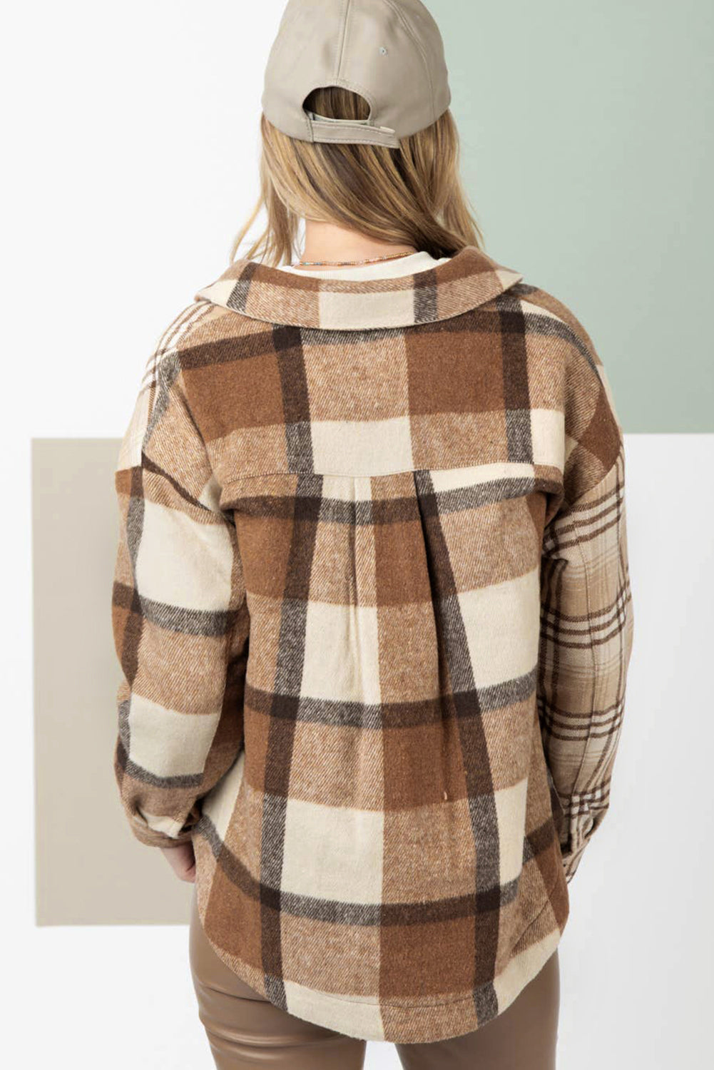 Light French Beige Flannel Plaid Shacket Double Flap Pocket Long Sleeve Jacket