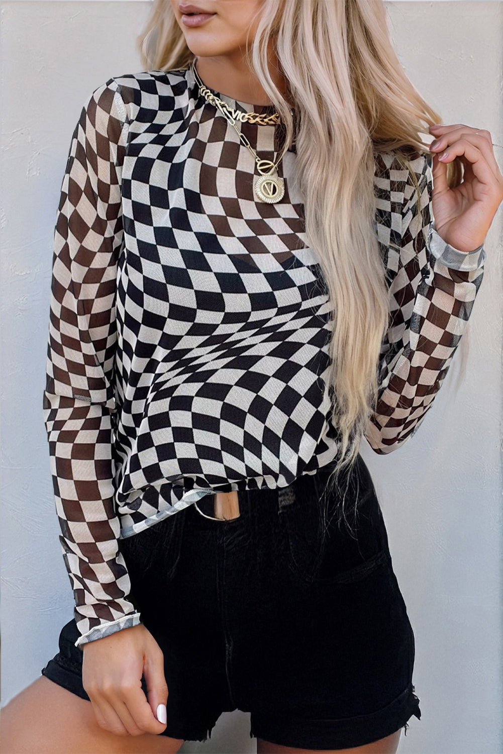 Women’s Black Checkered Mesh Top with Mock Neck and Long Sleeves for Stylish Look
