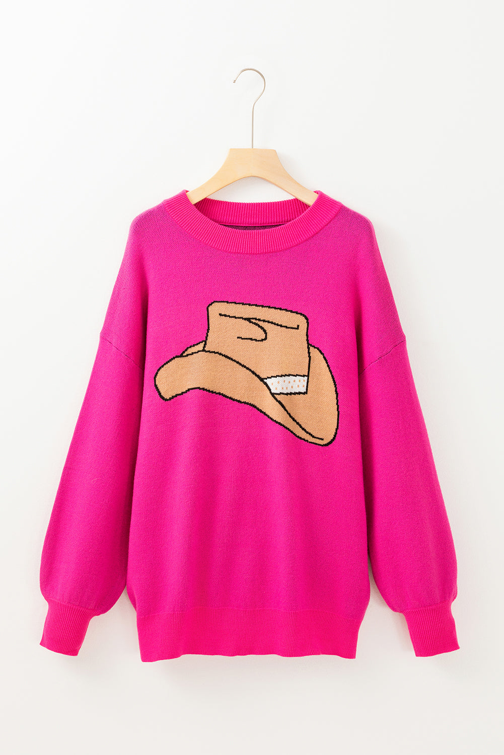 Rose Red YEEHAW Cowboy Hat Drop Shoulder Oversized Casual Knit Sweater