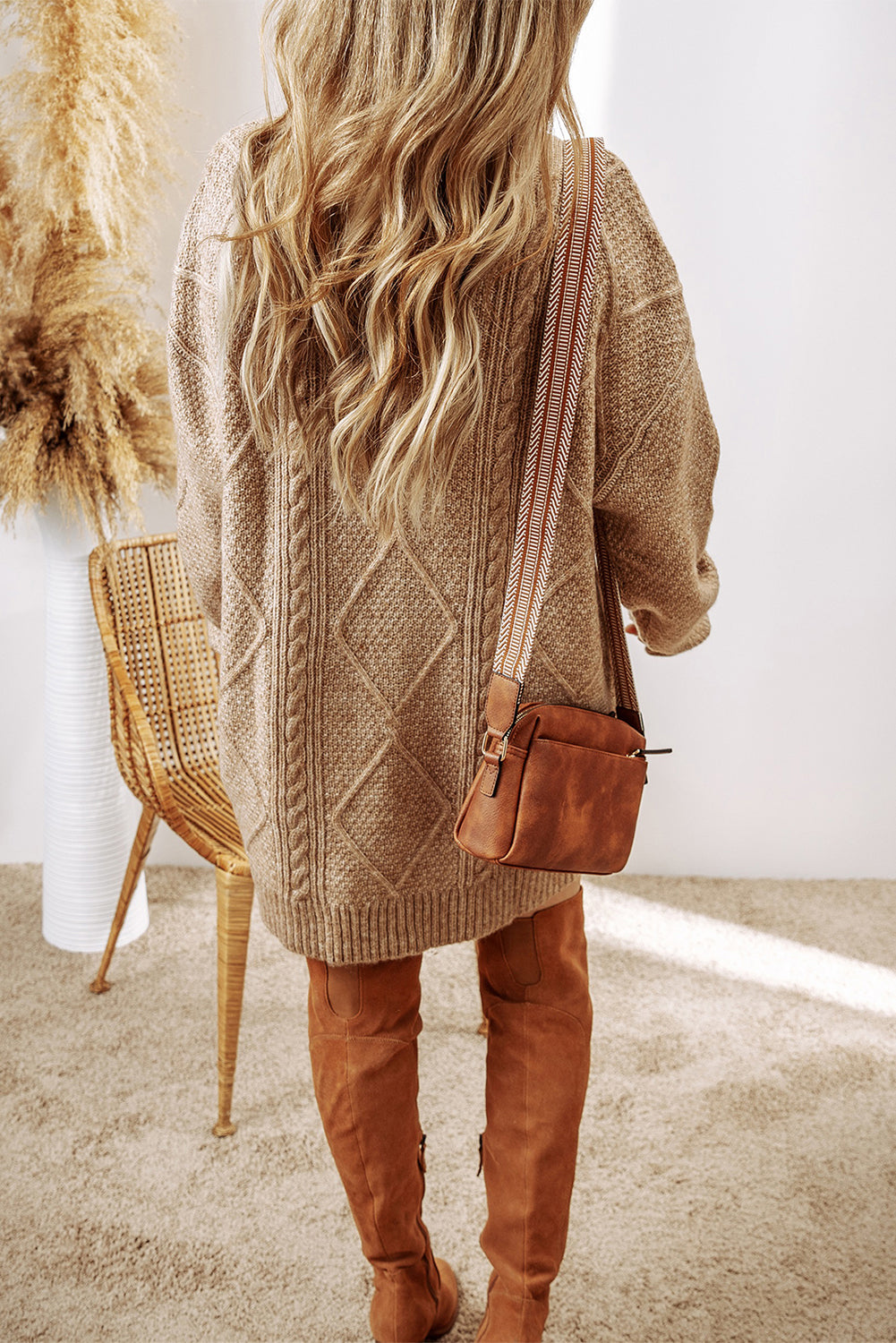 Women’s Parchment Cable Knit Sweater Dress with Drop Shoulder and Loose Fit