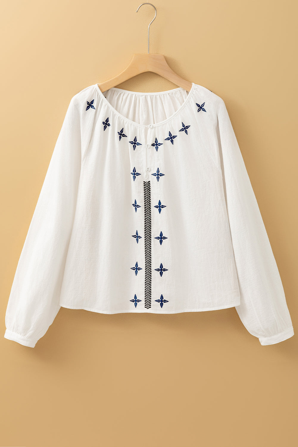 White Geometric Embroidered Long Sleeve Buttoned Women’s Casual Top