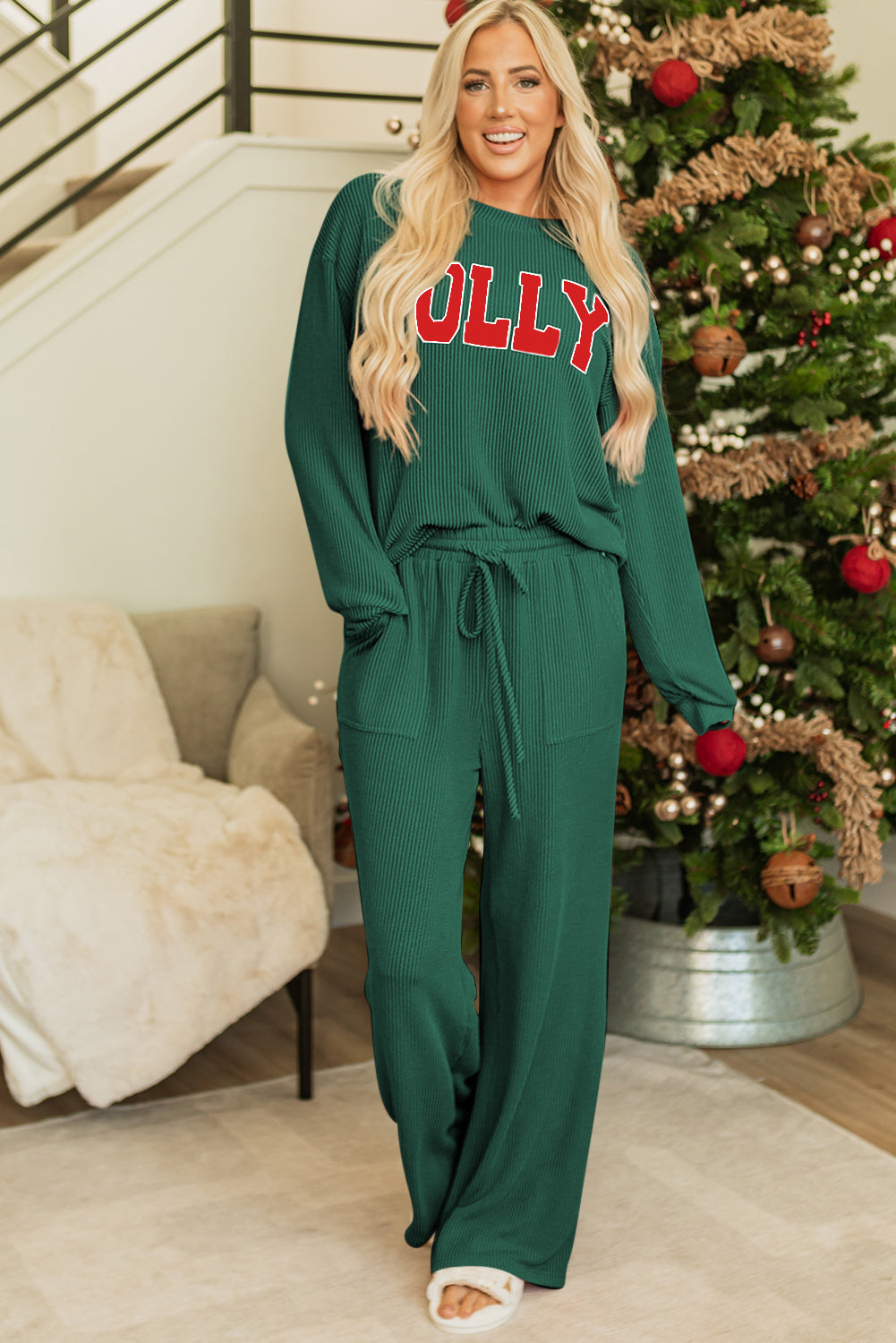 Fiery Red Jolly Corded Long Sleeve Top and Pocket Pants Set