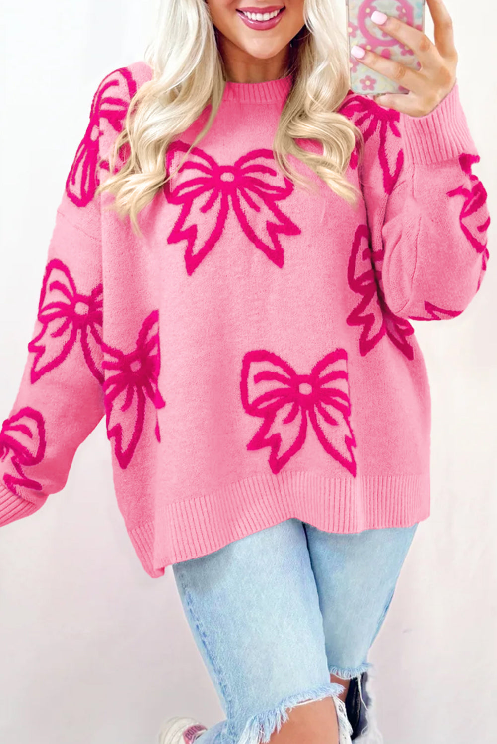 Pink Bow Pattern Drop Shoulder Women’s Loose Sweater Casual Knit Top