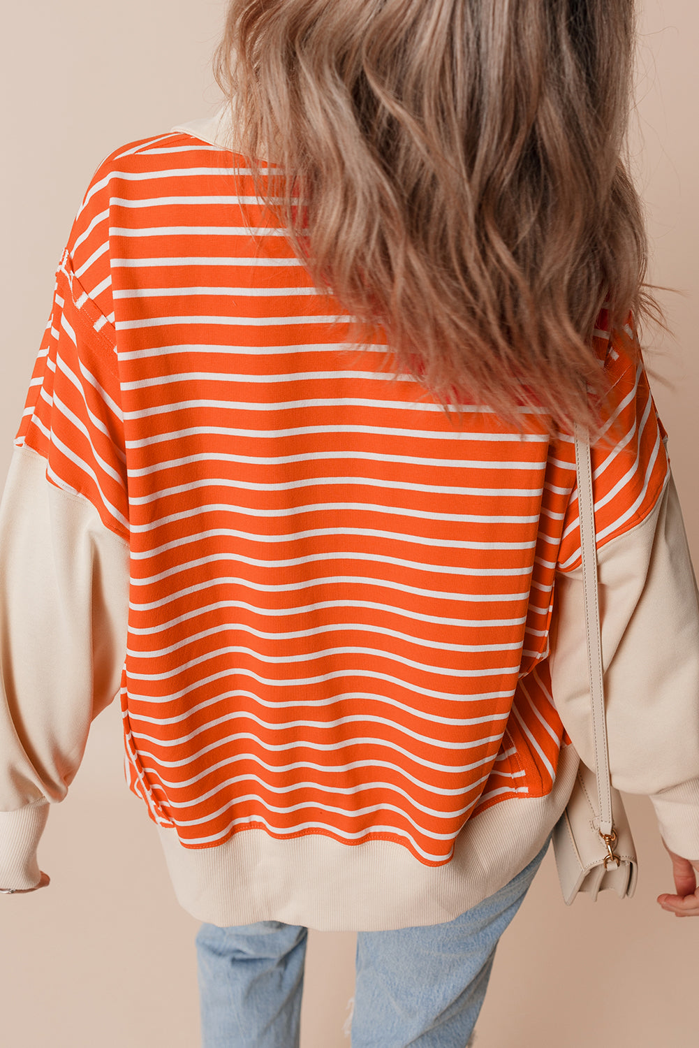 Women’s Orange Stripe Colour Block Loose Fit Collared Drop Shoulder Sweatshirt