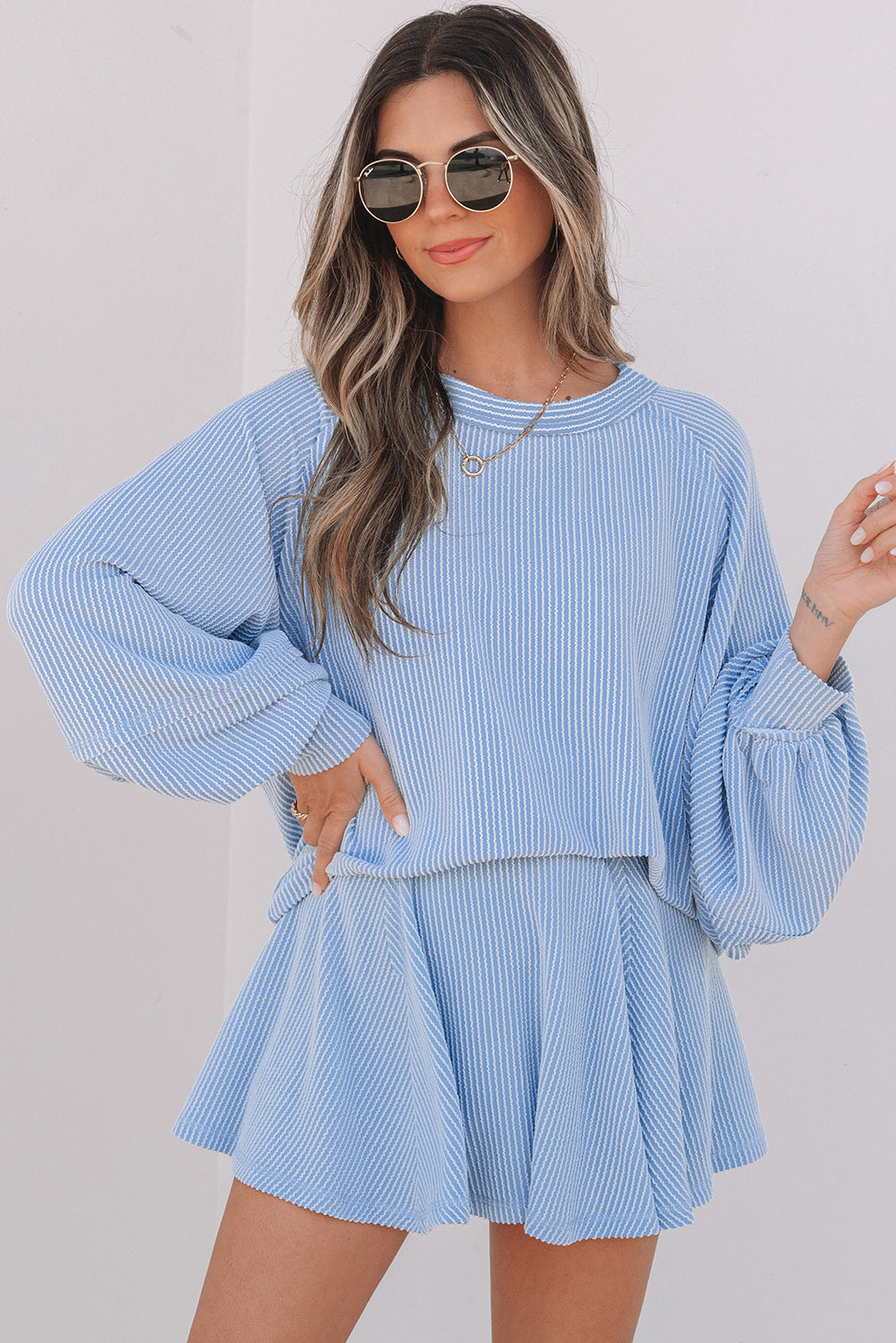 Sky Blue Lantern Sleeve Top & Ruffled Mini Skirt Set Summer Outfit for Women
