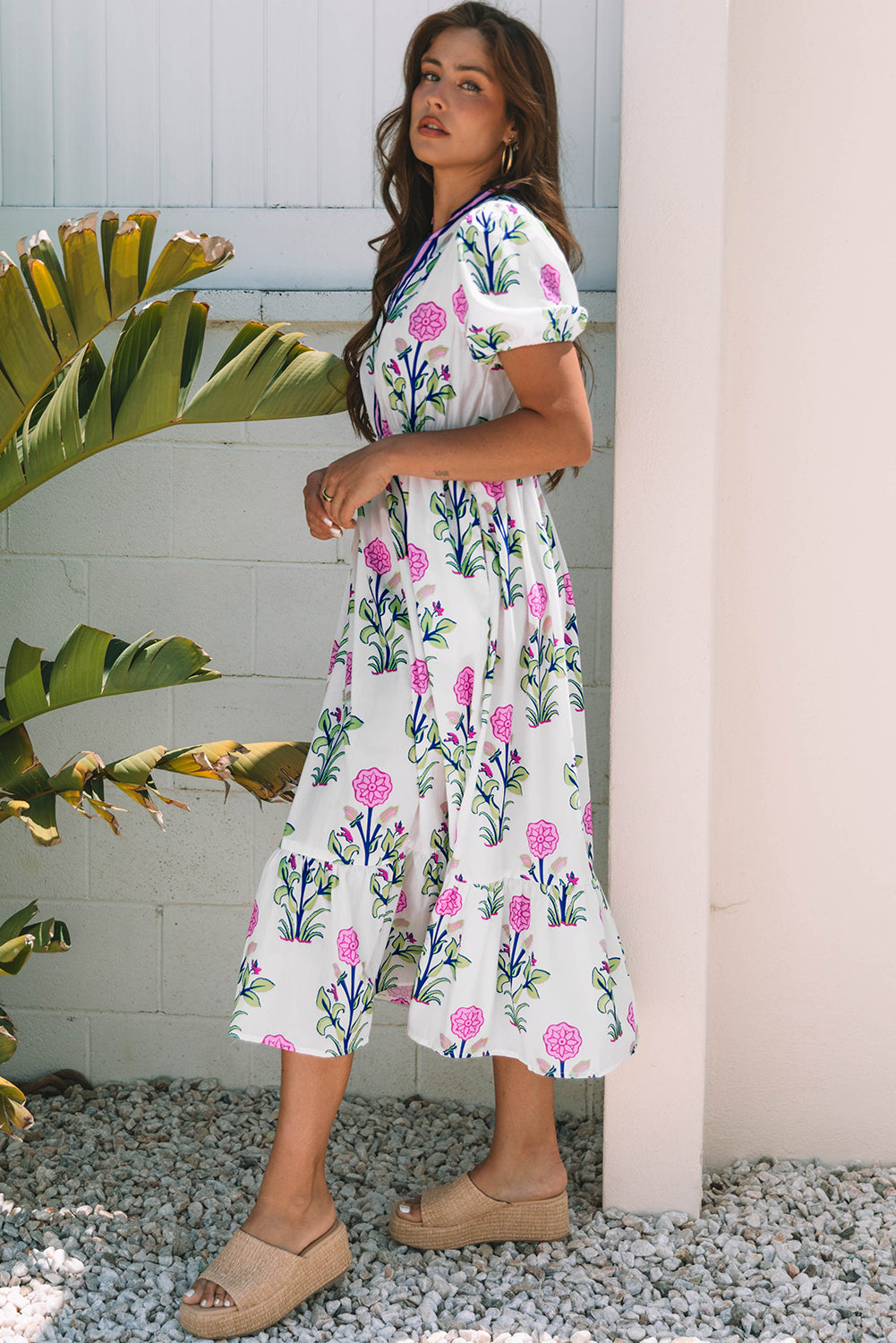 Women’s Sky Blue Floral Maxi Dress with Puff Short Sleeves, V Neck, and High Waist
